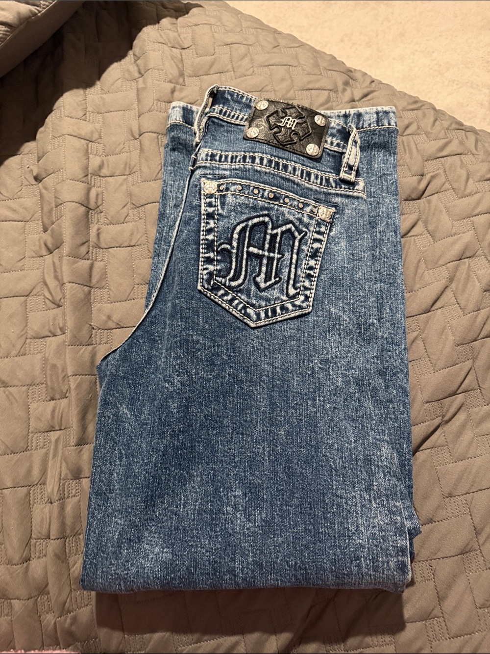 Blue Embroidered Pocket Jeans - Logo